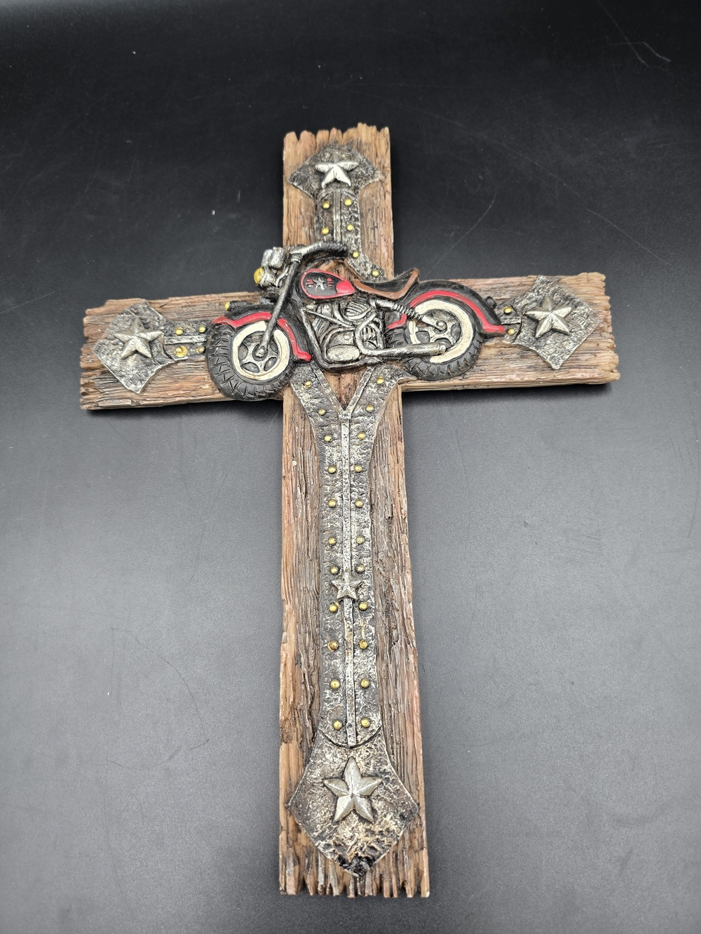 Rustic Wooden Cross Wall Decor with Motorcycle Accent - Red and Brown